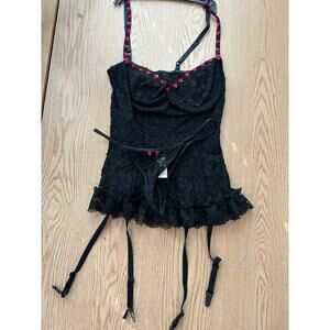 New Women’s Delicate Treasures 2pc Lingerie Lacey Bodysuit Garters Thongs Medium